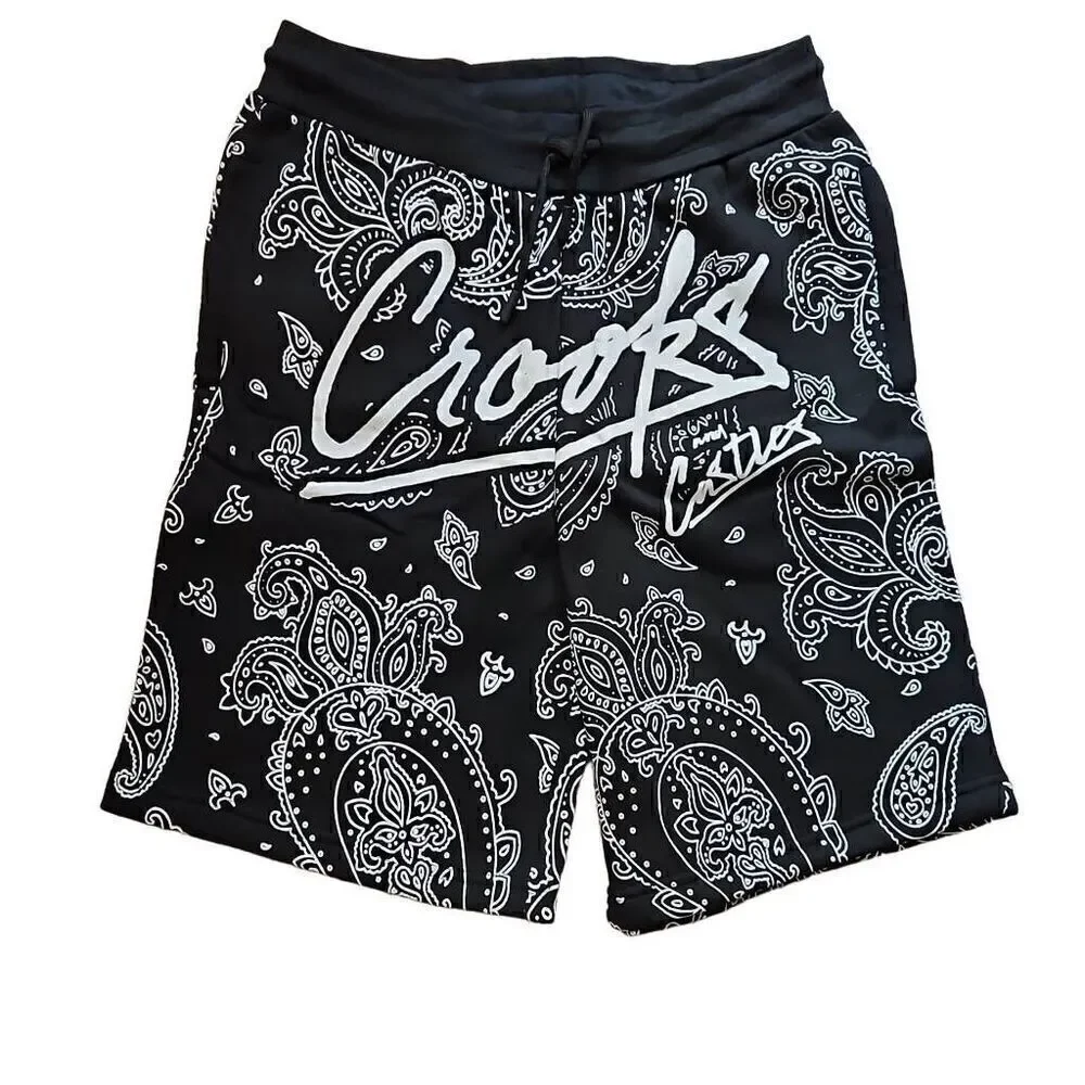 Crooks and Castles Men's Paisley Fleece Shorts Black White Medium